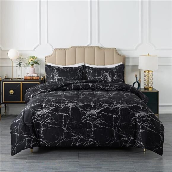Black Marble Comforter Set Full Size, 3 Pieces Modern Pattern Soft Microfiber - Picture 1 of 8